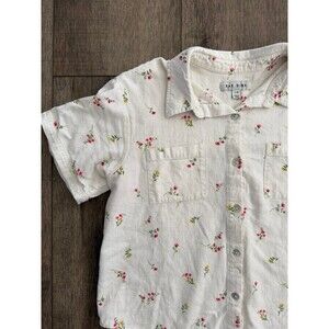 Rae Dunn White linen Ditsy Floral Short Sleeve Button Down Shirt Size Large
